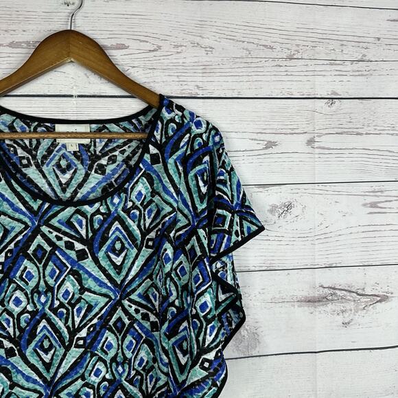 ECI New York Blouse Womens Large Blue Flutter Sleeve Costal Flowy Capsule - Picture 2 of 13